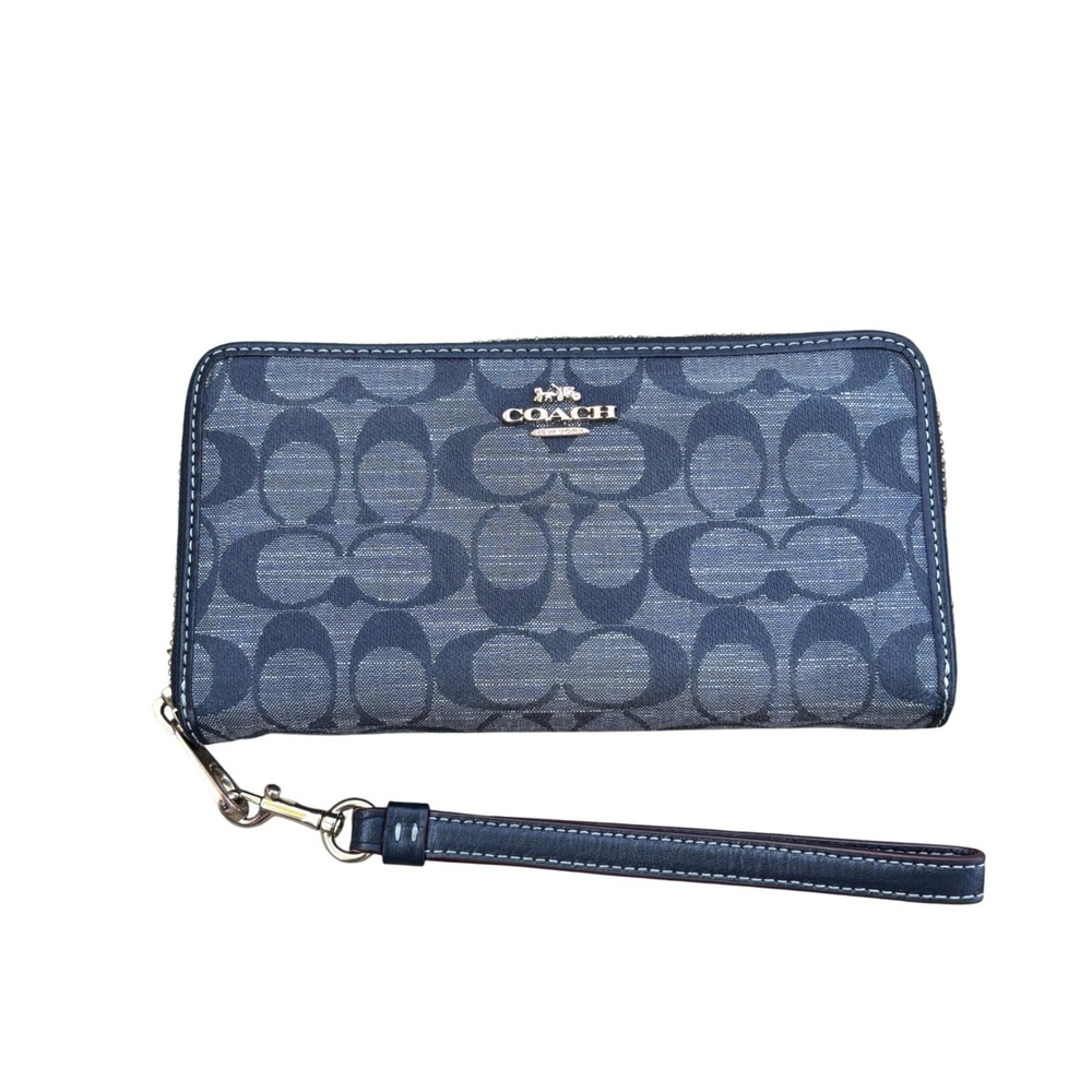 Coach Signature Canvas Zip Around Accordion Wallet Wristlet Navy Gray Gold Tone